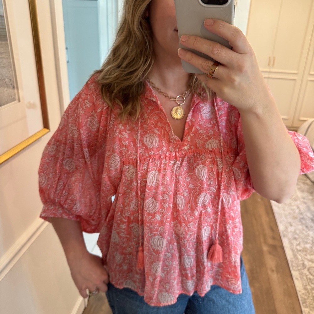 Women's Coral Paisley Peasant Top - Coral Pink MAREA by Liz Joy
